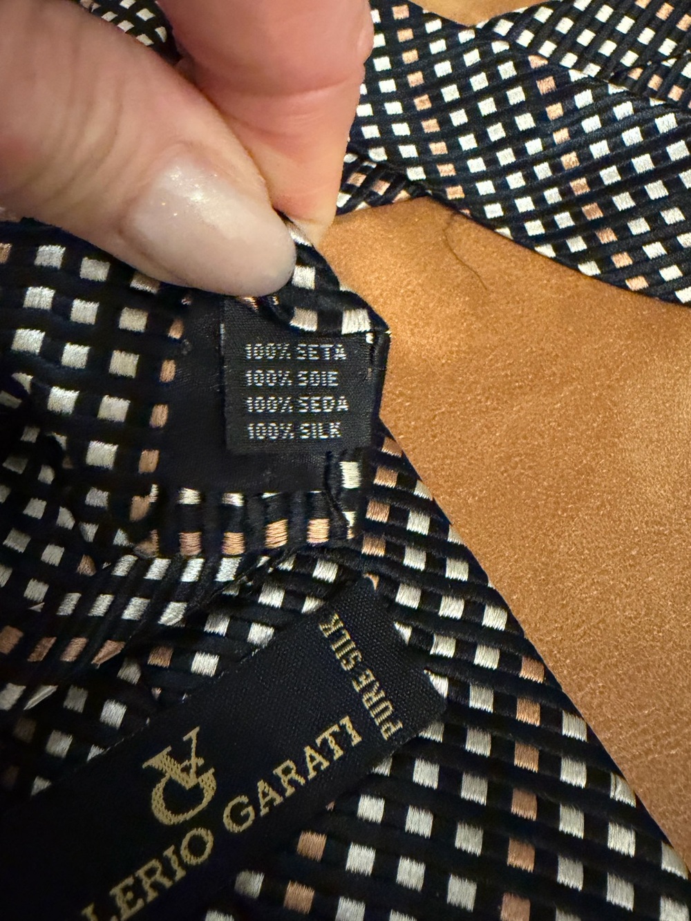 👔Valerio Garati Pure Silk Handmade Tie in Black, Cream & Tan Grid Pattern - Picture 2 of 10